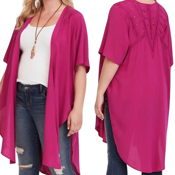 Torrid Challis Kimono Open Short Sleeves Eyelet Berry Pink NEW Plus Womens 00/0 - Picture 1 of 11